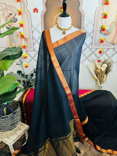 Handwoven Mangalgiri Cotton Saree | Black | Gold Zari | Handwoven | Ships from California
